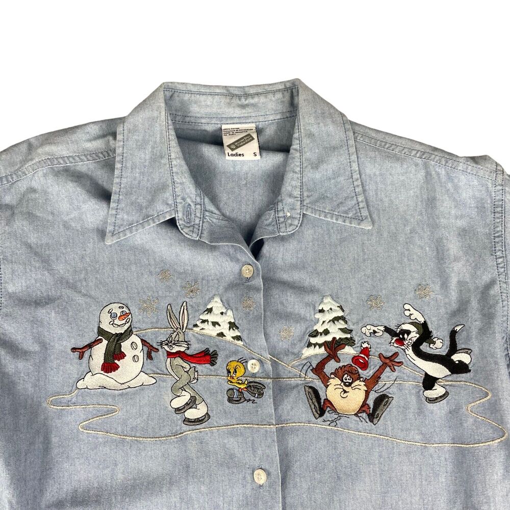 Looney Tunes Shirt Women's Small Blue Denim Long Sleeve Warner Bros Western VTG